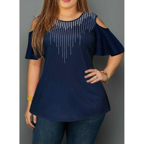 Navy Cold Shoulder Blouse with Dot drops  round neck Plus Size 2X - Picture 7 of 7